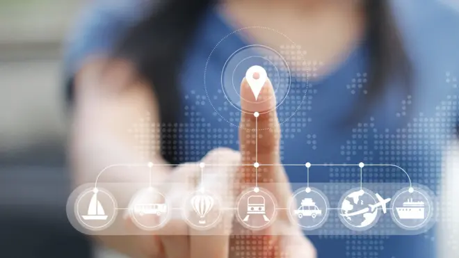 Graphic showing a woman with her finger activating different uses of GPS