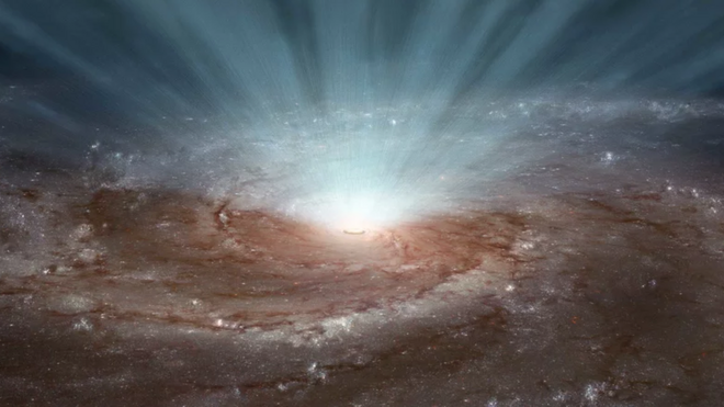 ภาพจำลองหลุมดำมวลยิ่งยวดที่ใจกลางดาราจักร กำลังแผ่รังสีและปลดปล่อยกระแสลมของอนุภาคพลังงานสูงออกมา