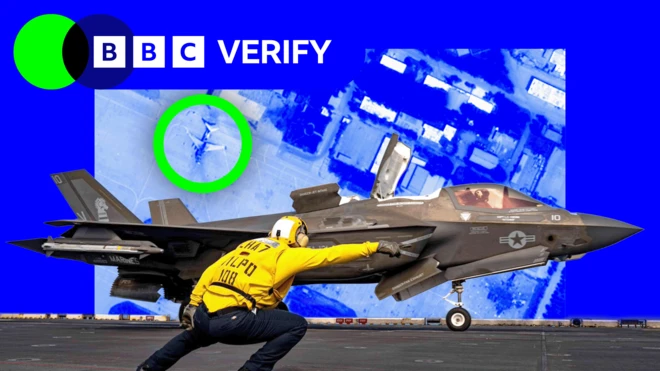 A US navy airman gives an F-35 fighter a signal to take off. He is wearing a yellow jacket and a helmet and is pointing towards the runway. The jet is armed with missiles and is painted grey. The image is imposed over a satellite photo of an airbase in Iran where damaged jets are highlighted.
