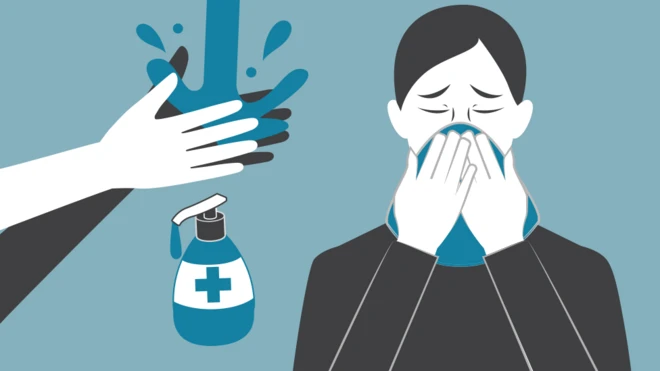 Promo image shows hands washing and woman coughing into tissue