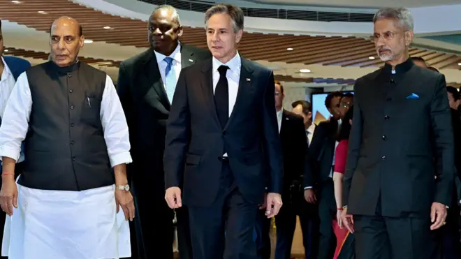 दिल्ली में आयोजित अमेरिका-भारत की टू प्लस टू बैठक में शामिल दोनों देशों के रक्षा और विदेश मंत्री