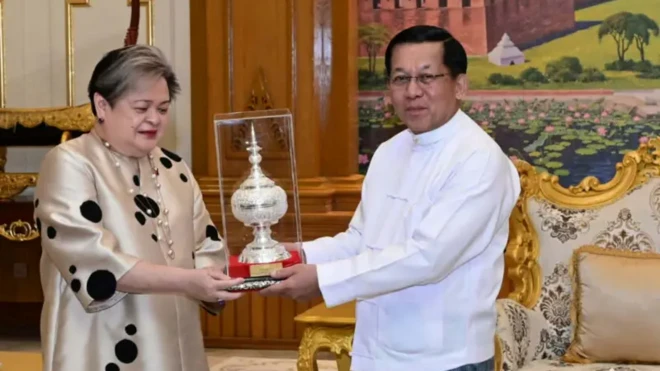 ဇန်နဝါရီ ၆ ရက် နေပြည်တော်မှာတွေ့ရတဲ့ မစ္စမာရီယာ ထရီဆာပါရန်နို လာဇာဇိုနဲ့ မြန်မာ စစ်ခေါင်း‌ဆောင်ဟောင်း 