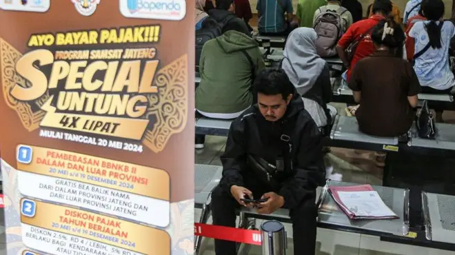 Sejumlah warga antre untuk melakukan pembayaran pajak kendaraan bermotor di Kantor Samsat 1 Kota Semarang, Jawa Tengah, Senin (11/11).