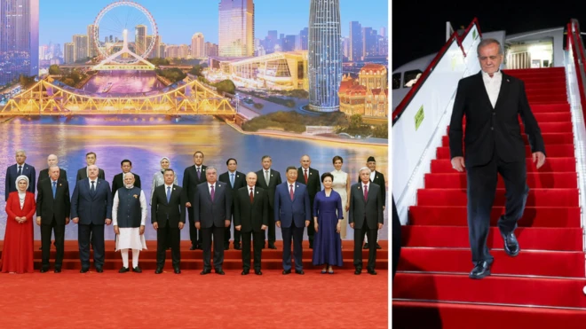 دو عکس که در کنار هم گذاشته شده. یکی پایین آمدن مسعود پزشکیان از پله‌های هواپیما در چین را نشان می‌دهد و دیگری عکس یادگاری سران کشورهای عضو پیمان شانگهای و برخی همسرانشان را نشان می‌دهد