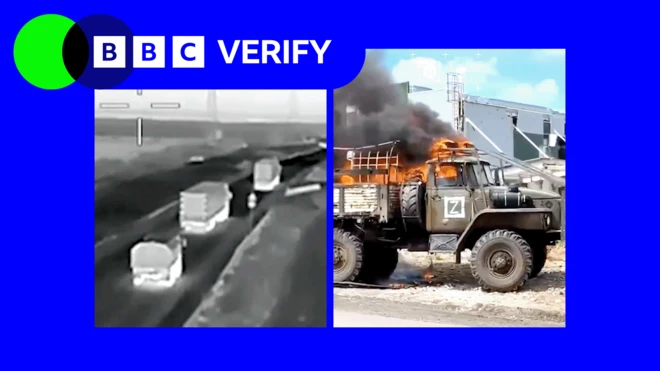 Коллаж из кадров со съемки дроном российских военных грузовиков под логотипом BBC Verify