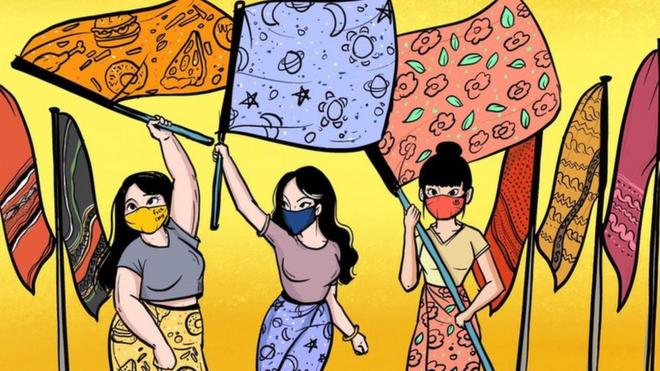 Burmese illustration showing three women waving sarong flags