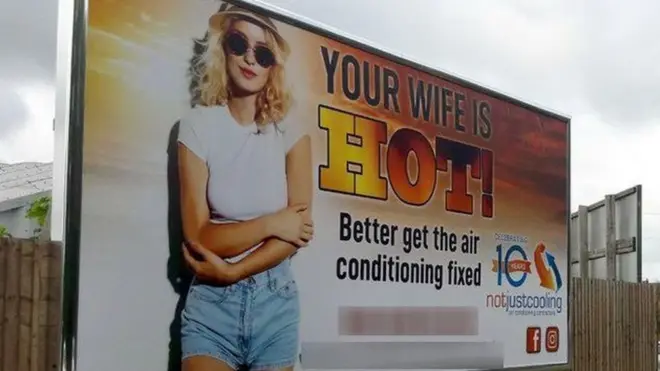 에어컨 광고에 "당신의 아내는 핫하다!"라는 문구가 달렸다