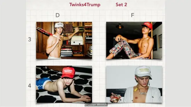 Rangkaian foto Lucian Wintrich's #TwinksforTrump muncul di New York pada pameran seni alternatif kelompok kanan #DaddyWillSaveUs: Make Art Great Again.
