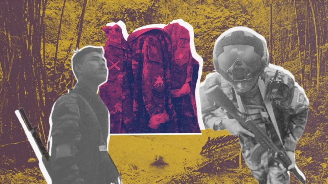 ပြည်သူ့ကာကွယ်ရေးတပ်ဖွဲ့ဝင်တွနဲ့ စစ်ကောင်စီ တပ်ဖွဲ့ဝင်တွေရဲ့ အင်္ကျီတို့ကို အဖြူ အနီ အဝါရောင် ပေါင်းစပ်ဓာတ်ပုံ