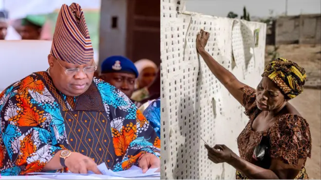 Aworan Adeleke, gomina Osun walapa osi, lapa ọtun ni aworan Iya kan da duro nibi to ti n wa orukọ rẹ fun idibo, o n wo nnkan kan ninu kaadi to mu dani, o we gele o si wọ bulaosi le ori iro to ro. O fi apamọwọ rẹ ha si abiya rẹ ninu aworan yii.