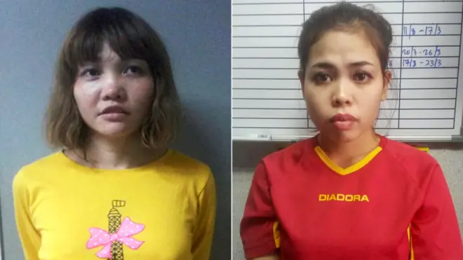 Vietnamese Doan Thi Huong (left) and Indonesian Siti Aisyah (right) are accused of killing Mr Kim