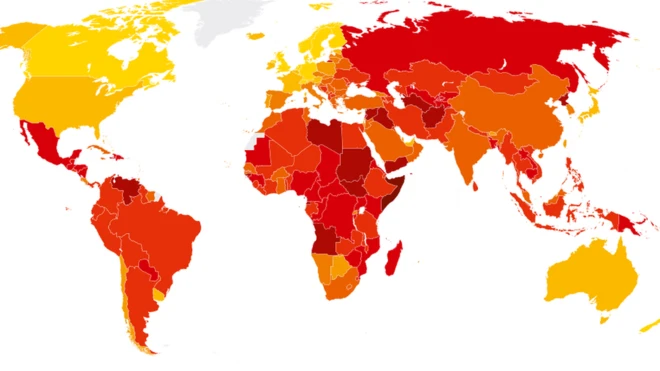 نقشه جهان به اساس بررسی سازمان شفافیت بین‌المللی از میزان فساد.
