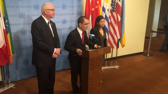 El canciller venezolano, Jorge Arreaza, responde al gobierno de Donald Trump en la sede de la ONU.