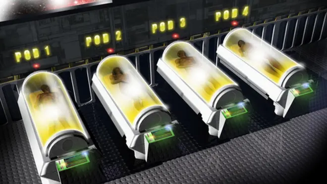 An artist's impression of how cryogenically preserved bodies might be stored in the future