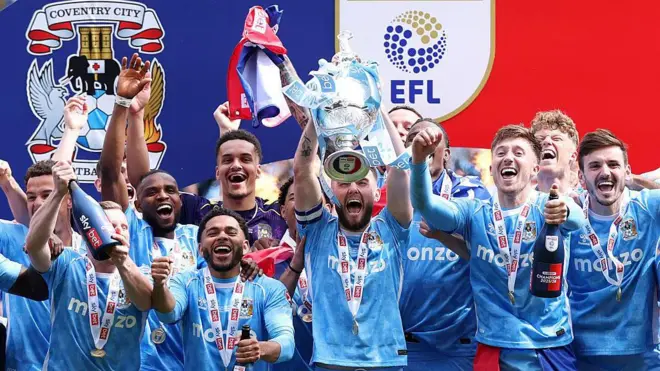 Coventry City celebrate after winning the Championship in 2025