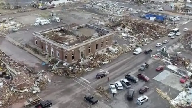 Aerial view of damage in Mayfield
