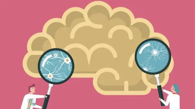 Ilustración de un cerebro con una lupa.