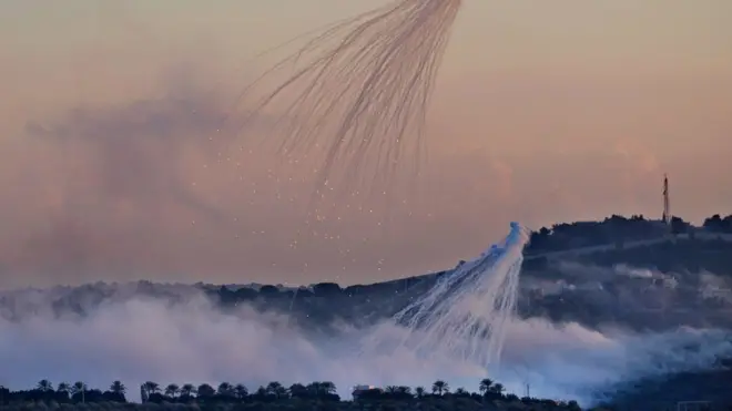 This image, taken on 16 October over Dhayra, shows the typical octopus shaped smoke cloud. It's tendrils still alight, as the toxic munitions fall towards the earth. Home to approximately 30 families, Dhayra is surrounded by grazing lands and olive groves