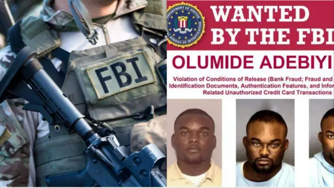 Awọn oṣiṣẹ FBI ti wọn wọ ihamọra ogun ati aworan afurasi naa.