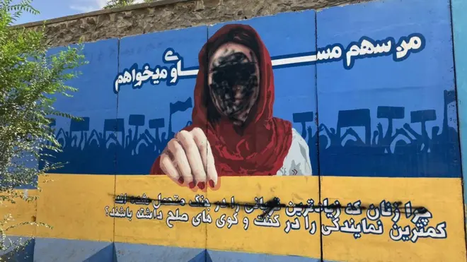 탈레반 장악 후 벽화에 그려진 여성들의 얼굴이 검게 칠해졌다