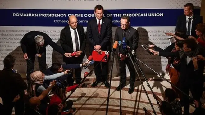 وزیران خارجه آلمان، بریتانیا و فرانسه در بخارست پس از رونمایی از سازوکار اینستکس