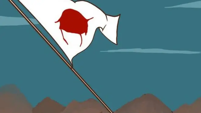 A group of relatives plant a flag of a bloodstained bedsheet