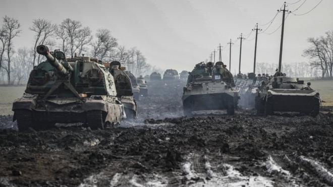 Russian armoured vehicles stand on the road in Rostov region, Russia, 22 February 2022