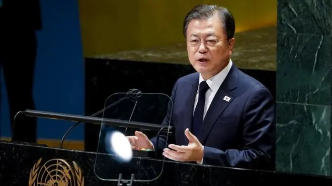 문재인 대통령이 21일(현지시간) 미국 뉴욕 유엔 총회장에서 기조연설을 하고 있다.