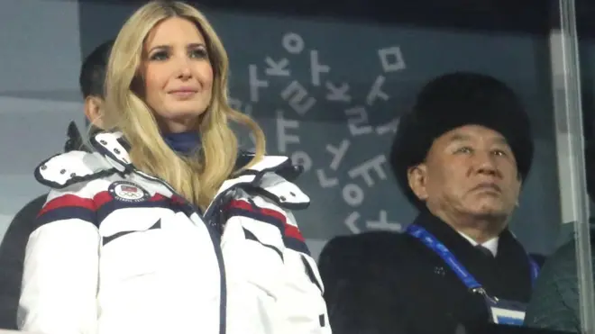 Gen Kim (R), pictured here behind Ivanka Trump, attended the closing ceremony of the Pyeongchang 2018 Winter Olympics