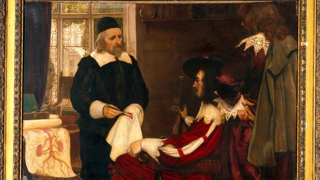William Harvey demostrando su teoría de la circulación de la sangre ante el rey Carlos I.