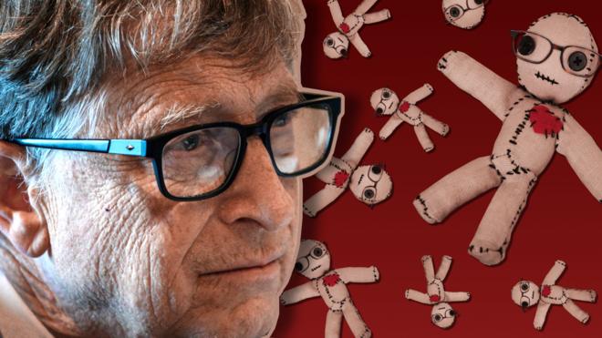 Bill Gates sobre un fondo de muñecos de vudú.