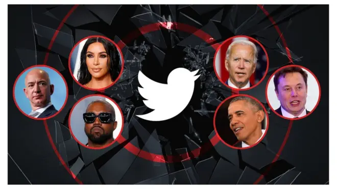 A photo illustration shows a range of celebrities - Kim Kardashian, Joe Biden, Elon Musk, Barack Obama, Kanye WEst, and Jeff Bezos - arrayed around a shattered glass image with the Twitter logo at its cetnre