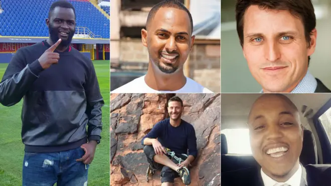 Left: James Oduor. Top centre: Feisal Ahmed Top. Right: Luke Potter Bottom centre: Jason Spindler. Bottom right: Abdalla Dahir