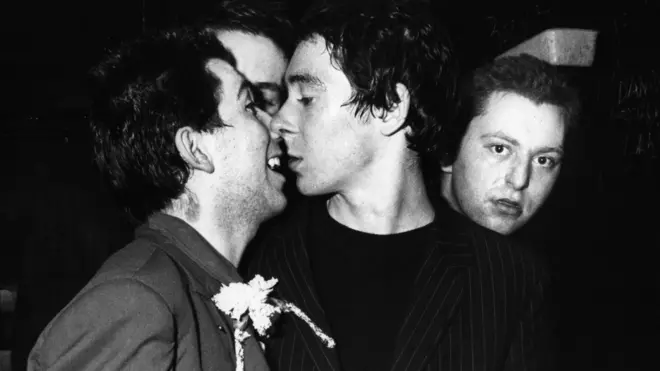 Left-right: Steve Diggle, Pete Shelley and Garth Smith of Buzzcocks in 1977