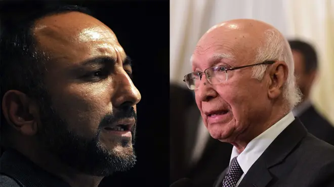 سرتاج عزیز (ښۍ خوا ته) او حنیف اتمر