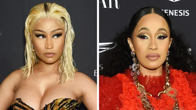 Cardi B (kulia) anadaiwa kumfuata Nicki Minaj (kushoto} kabla ya vita hivyo kuzuka