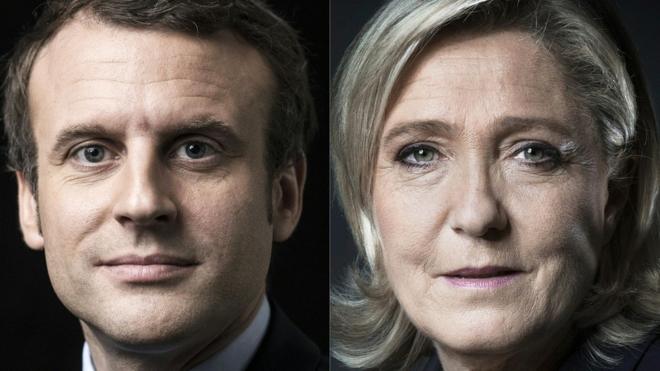 The French centrist movement leader Emmanuel Macron (left) and leader of the National Front (FN) Marine Le Pen (right), 3 April 2017