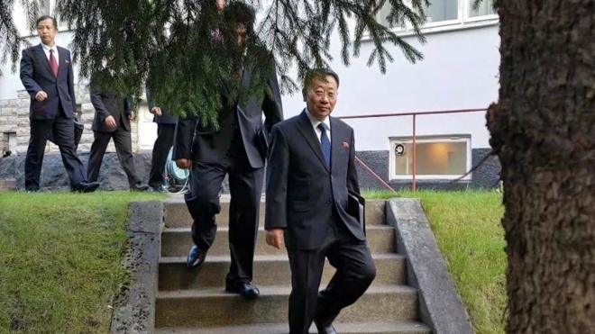North Korean delegates, including top negotiator Kim Myong-gil, leaving the North Korean embassy in Stockholm - 5 October