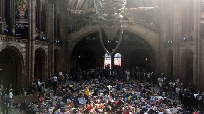 Протестующие улеглись на пол под скелетом синего кита в главном зале музея