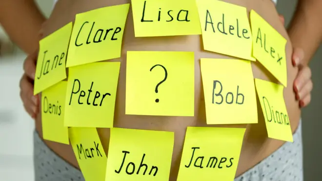 Варианты имени, наклеенные на живот беременной