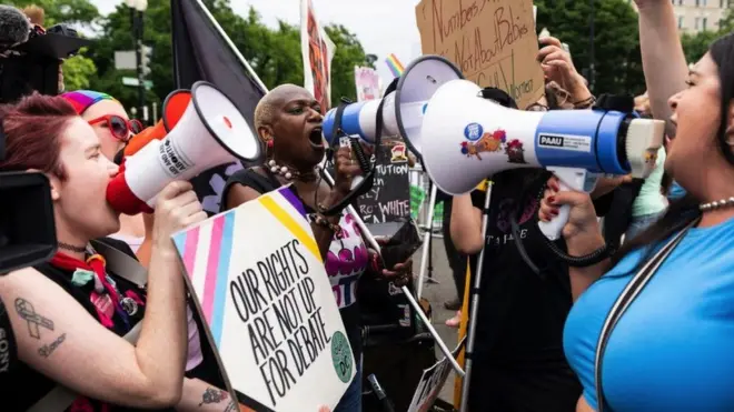 Pro-choice and anti-abortion activists with megaphones outside of the US Supreme Court as they wait for the court to hand down its decision on whether to overturn Roe v Wade