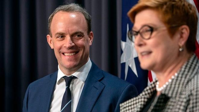 Britain's Foreign Secretary Dominic Raab and Australian Foreign Minister Marise Payne attend a joint press conference in Canberra