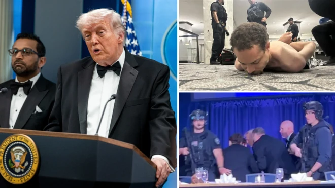 Ảnh ghép: ông Trump phát biểu (bên trái), nghi phạm nổ súng bị bắt và cảnh mật vụ Mỹ sơ tán ông Trump