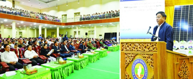 အငြိမ်းစားဗိုလ်ချုပ်ကြီးတင်အောင်စန်းဦးဆောင်တဲ့ စစ်ကော်မရှင်ဝန်ကြီးနဲ့အဖွဲ့ လူထုနဲ့ တွေ့ဆုံနေတဲ့မြင်ကွင်း