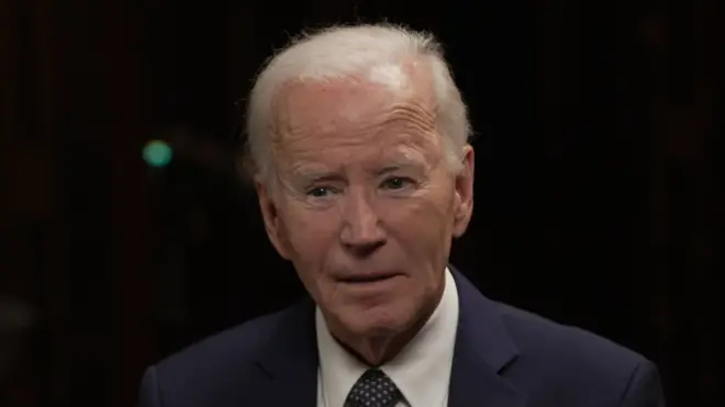 Image shows Joe Biden being interviewed by Nick Robinson