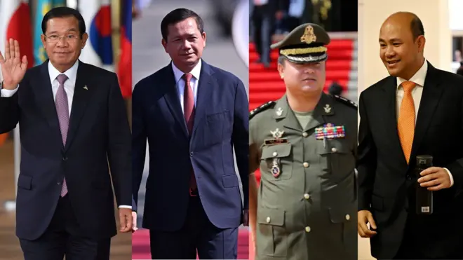 (Từ trái qua) Cựu Thủ tướng Hun Sen và các con: Thủ tướng Hun Manet, Cục trưởng Cục tình báo - trung tướng Hun Manith, Phó Thủ tướng Hun Many