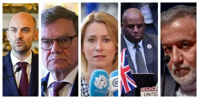 Abbas Araghchi, Wasiirka arrimaha dibadda Iiraan, David Lemmy, xooghayaha arrimaha dibadda Britain, Kaia Kallas, madaxa siyaasada arrimaha dibadda Midowga Yurub, Johann Wadeful, Wasiirka arrimaha dibadda Jarmalka, iyo Jean-Noël Barrot, Wasiirka arrimaha dibadda Faransiiska 
