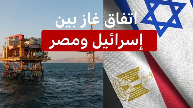 صورة لعلمي إسرائيل ومصر إلى جانب صورة لحقل غاز في سيناء