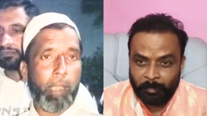 मोहम्मद शाहिद (बाएं) ने मंदिर प्रबंधक अरविंद शर्मा (दाएं) पर मारपीट का आरोप लगाया है, जिस मामले में पुलिस ने एफ़आईआर दर्ज की है