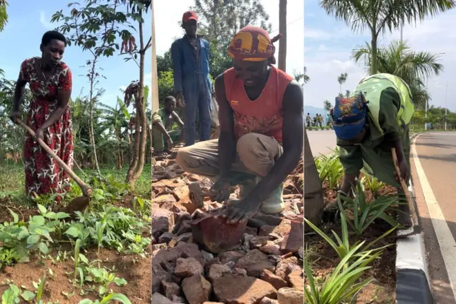 Abakozi barimo gukora imirimo yabo, umuhinzi, umuyede, n'umukozi ukora isuku mu mihanda